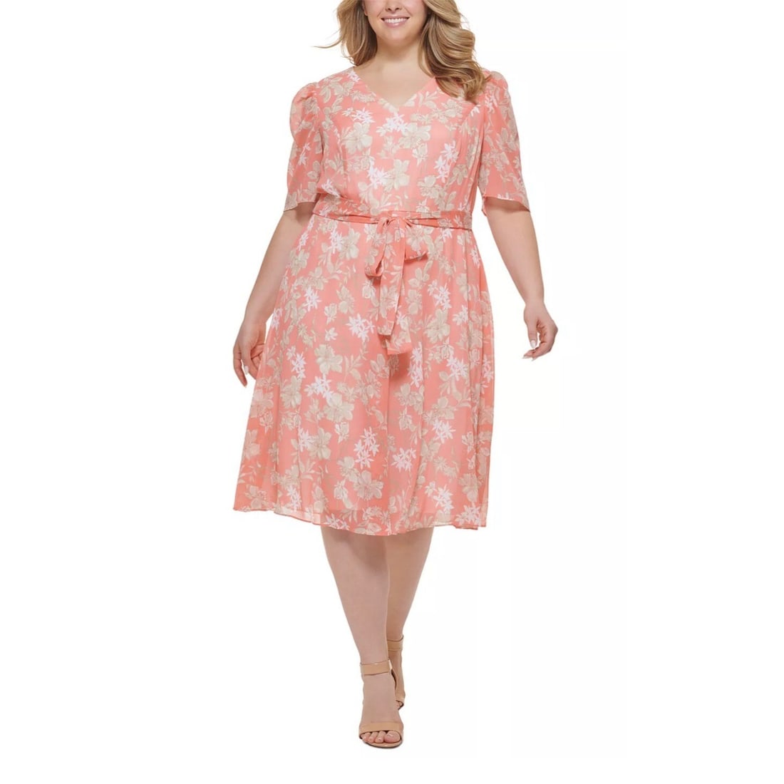 Tommy Hilfiger Plus Size Floral Chiffon Midi Dress 16W: Tommy Hilfiger Plus Size Floral Chiffon Midi Dress 16W Step into style with this Tommy Hilfiger Plus Size Puff Sleeve V-Neck Fit & Flare Chiffon Dress in Bloom, size 16W. This delightful midi dress fe