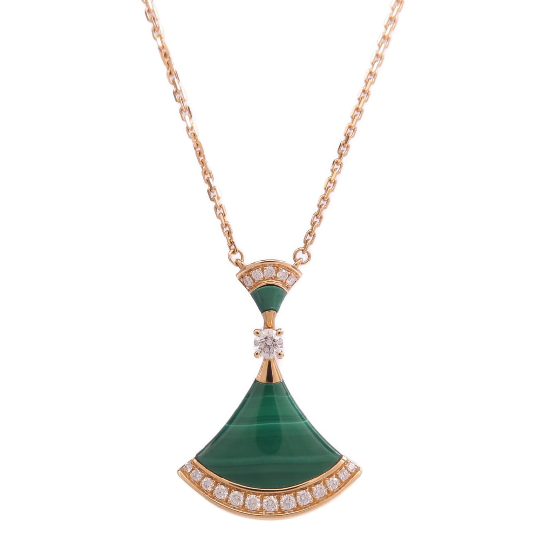 Divas Dream 18K Pink Gold Diamond Malachite Necklace by BVLGARI: Divas Dream 18K Pink Gold Diamond Malachite Necklace by BVLGARI This BVLGARI Divas Dream necklace features a marachite main stone set in 18K rose gold. The necklace is crafted in Italy and exhibits re