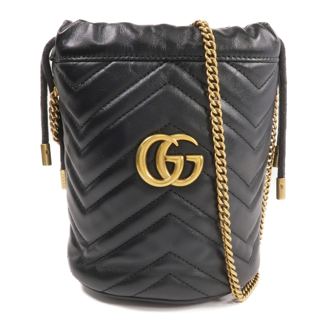 Black Calfskin GG Marmont Mini Bucket Shoulder Bag with Gold Hardware by Gucci: Black Calfskin GG Marmont Mini Bucket Shoulder Bag with Gold Hardware by Gucci This Gucci GG Marmont Mini Bucket Shoulder Bag is crafted from black calfskin leather and features a compact silhouette.