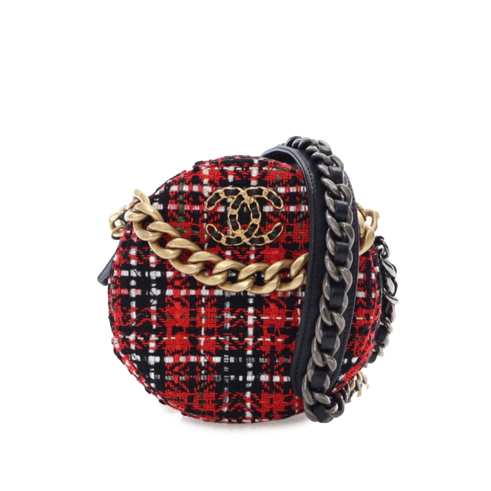Chanel Tweed 19 Round Clutch Chain Red Fabric Italy: Chanel Tweed 19 Round Clutch Chain Red Fabric Italy Elevate your accessory collection with the Chanel Tweed 19 Round Clutch with Chain. This stylish satchel features a chic tweed body, complemented by
