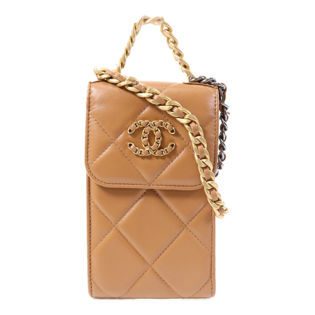 Chanel 19 Brown Lambskin Leather Two Way Phone Shoulder Bag with CC Logo GHW (1 of 14)