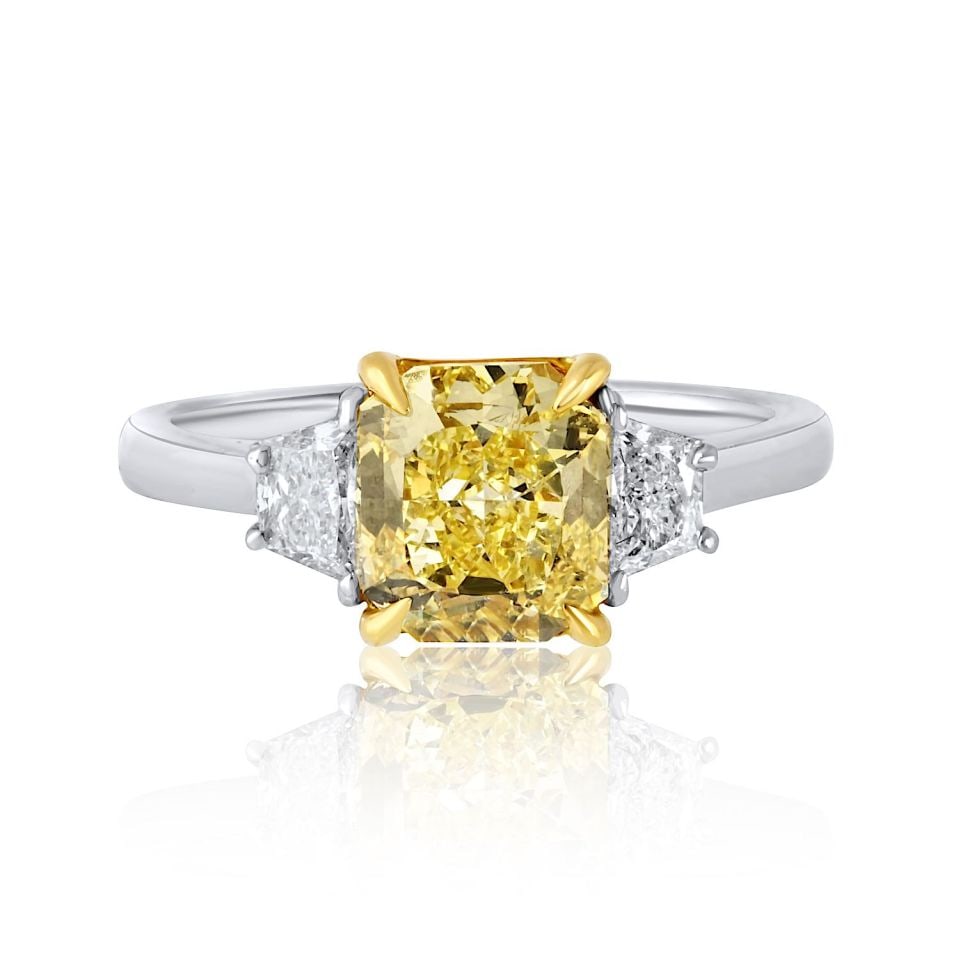 Three Stone Fancy Intense Yellow Diamond Ring in Platinum and 18K Yellow Gold (1 of 4)