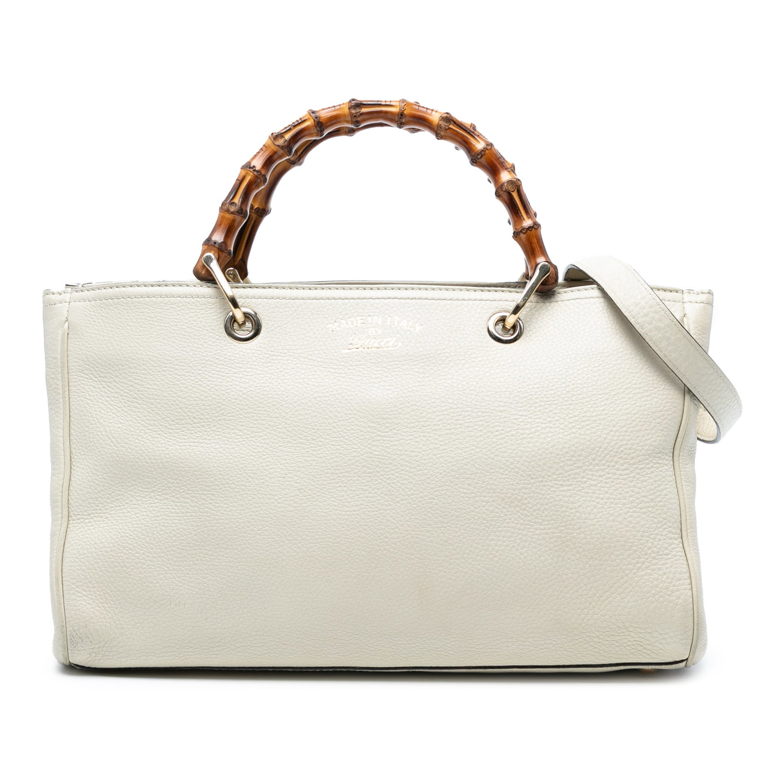 Gucci Medium Calfskin Bamboo Shopper Satchel White Leather Bag: Gucci Medium Calfskin Bamboo Shopper Satchel White Leather Bag Elevate your accessory game with the Gucci Medium Calfskin Bamboo Shopper Satchel. This stylish bag features a durable leather body adorn