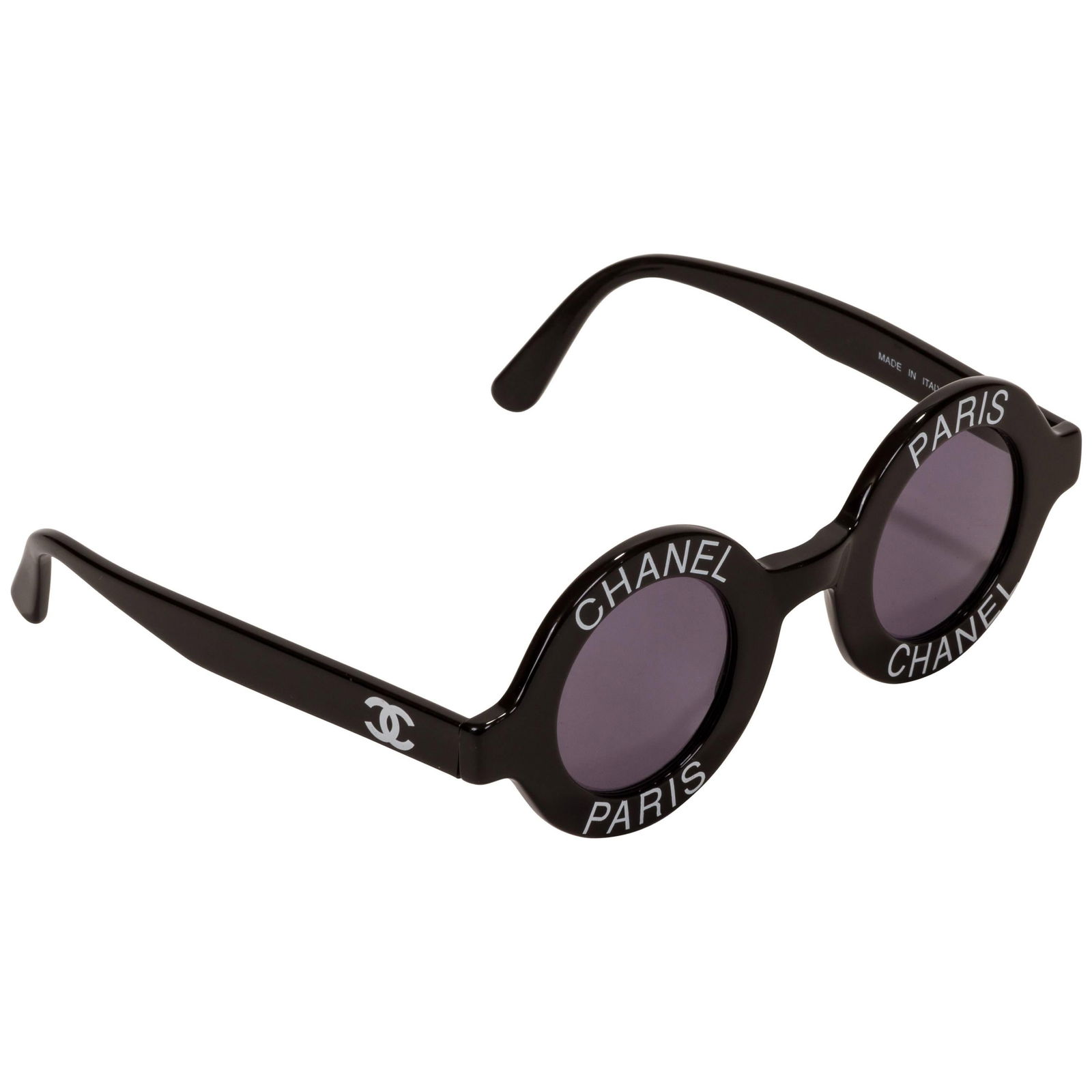 Rare 1980s Chanel Round Sunglasses with Original Box: Rare 1980s Chanel Round Sunglasses with Original Box Discover a rare pair of late 1980s Chanel collectible round sunglasses, expertly crafted in Italy. These stylish black and white sunglasses showcas