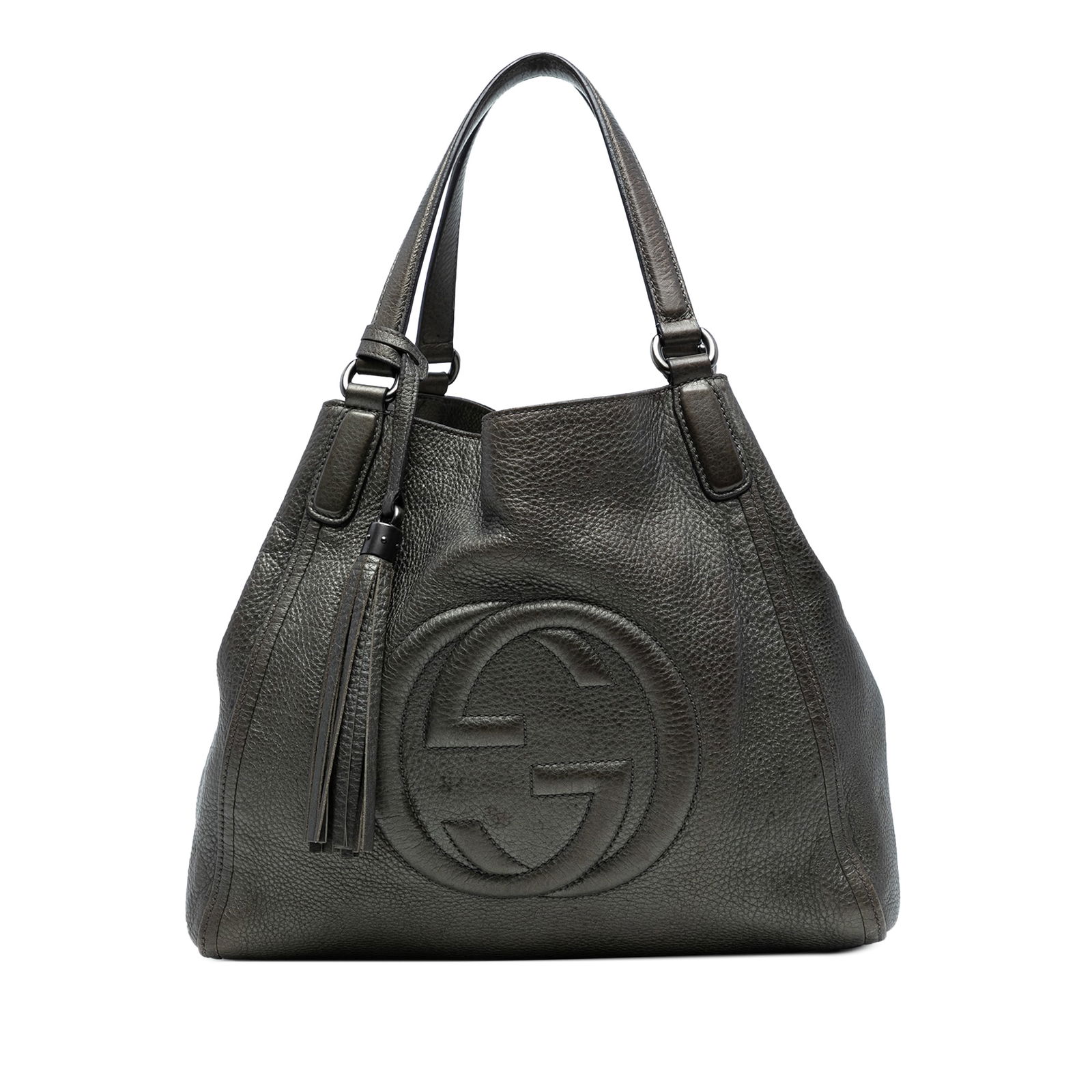 Gucci Medium Leather Soho Cellarius Tote Gray Italy: Gucci Medium Leather Soho Cellarius Tote Gray Italy Elevate your style with the Gucci Medium Leather Soho Cellarius Tote. This chic tote features a sophisticated leather body with flat leather handles