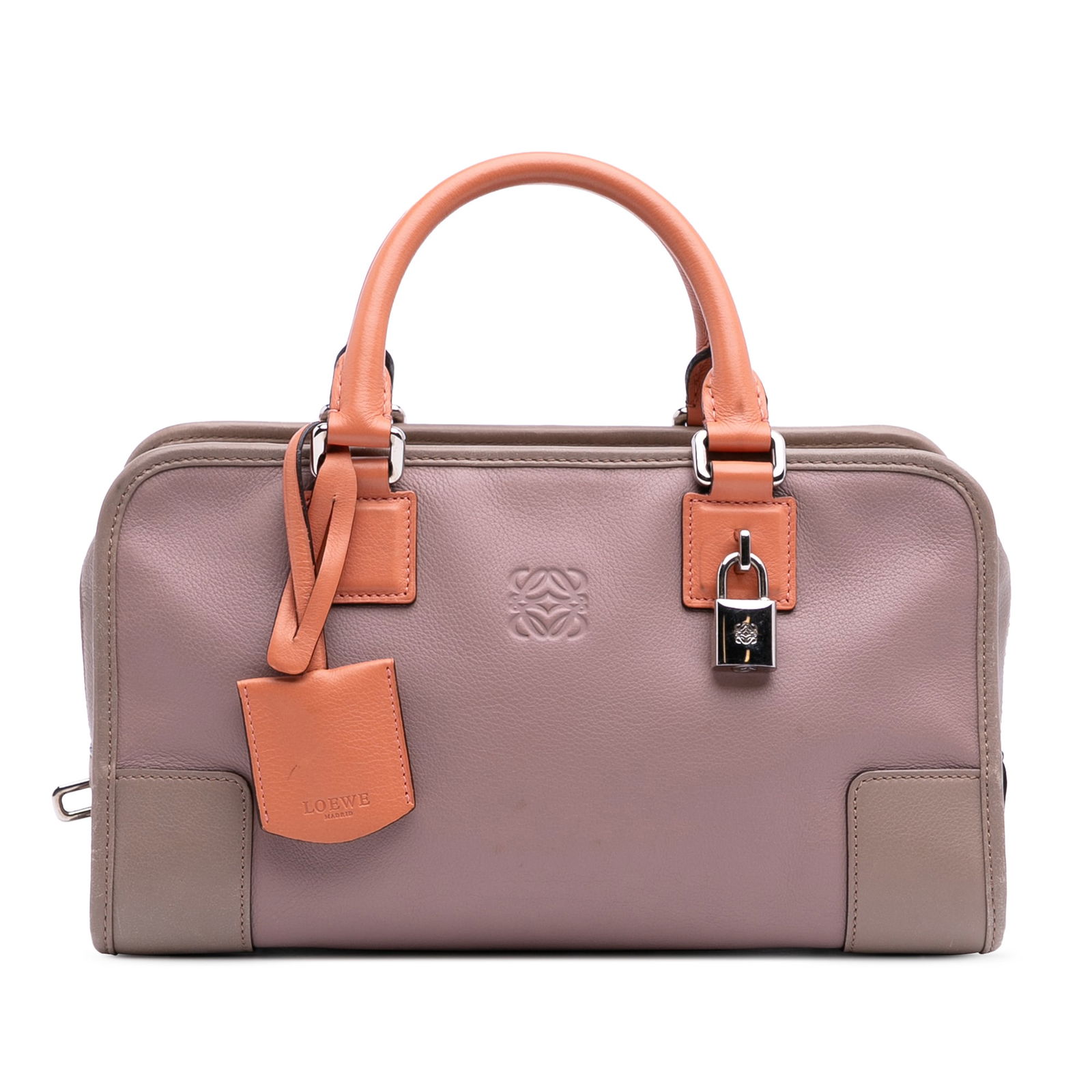 LOEWE Tricolor Leather Amazona 28 Pink Bag: LOEWE Tricolor Leather Amazona 28 Pink Bag Introducing the LOEWE Tricolor Leather Amazona 28, a sophisticated bag crafted from high-quality leather. This stylish accessory features rolled leather hand
