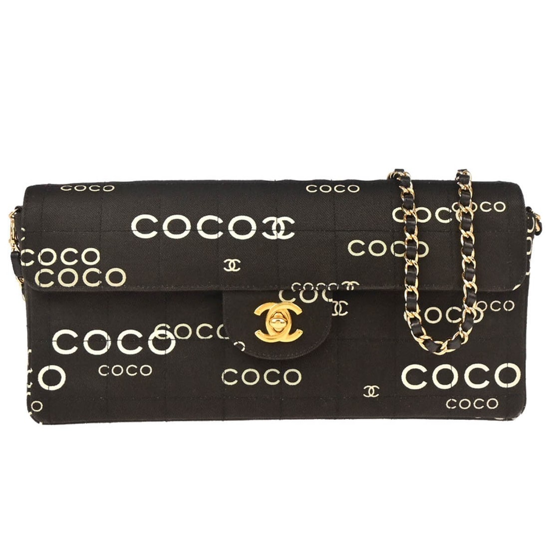 Chanel Black Canvas COCO East West Choco Bar Shoulder Bag: Chanel Black Canvas COCO East West Choco Bar Shoulder Bag This Chanel Black Canvas COCO East West Choco Bar Shoulder Bag is a stylish and functional accessory perfect for casual occasions. It features