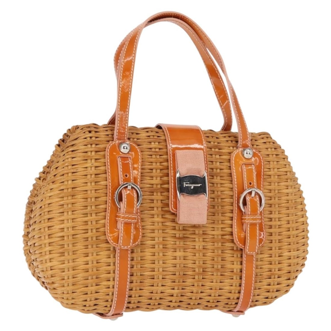 Salvatore Ferragamo Vala Hand Bag Rattan Leather Brown Silver Auth (1 of 18)