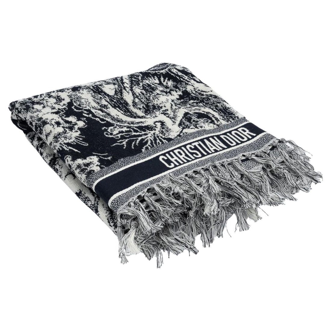 Christian Dior Riviera Beach Towel by Maria Grazia Chiuri 100% Cotton Toile de Jouy: Christian Dior Riviera Beach Towel by Maria Grazia Chiuri 100% Cotton Toile de Jouy Elevate your beach experience with this luxurious Christian Dior Riviera Beach Towel, designed by Maria Grazia Chiur