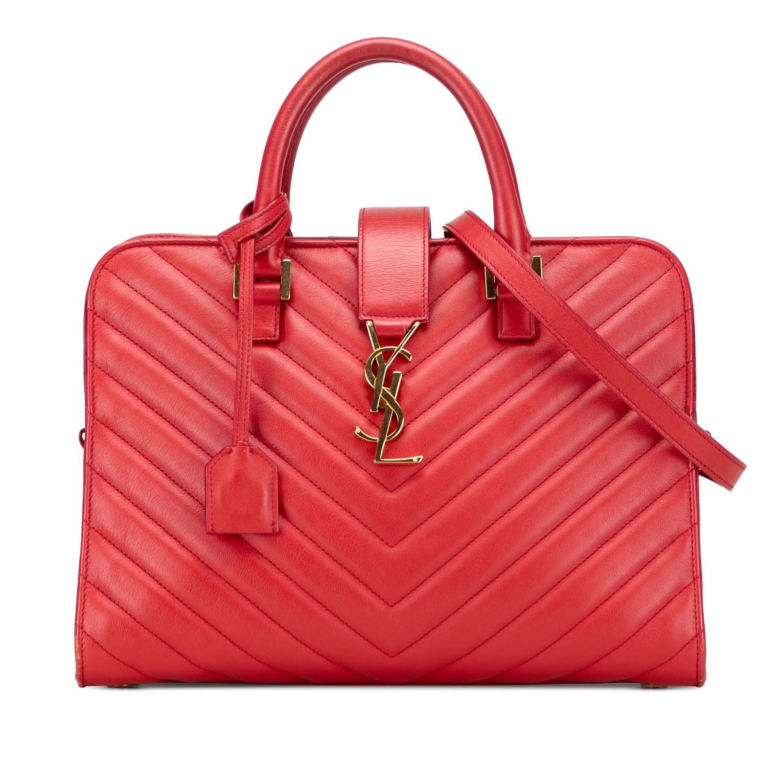 Saint Laurent Red Chevron Calfskin Monogram Cabas Satchel: Saint Laurent Red Chevron Calfskin Monogram Cabas Satchel This Saint Laurent Small Chevron Calfskin Monogram Cabas Satchel is a stylish and functional accessory crafted from luxurious quilted leather.