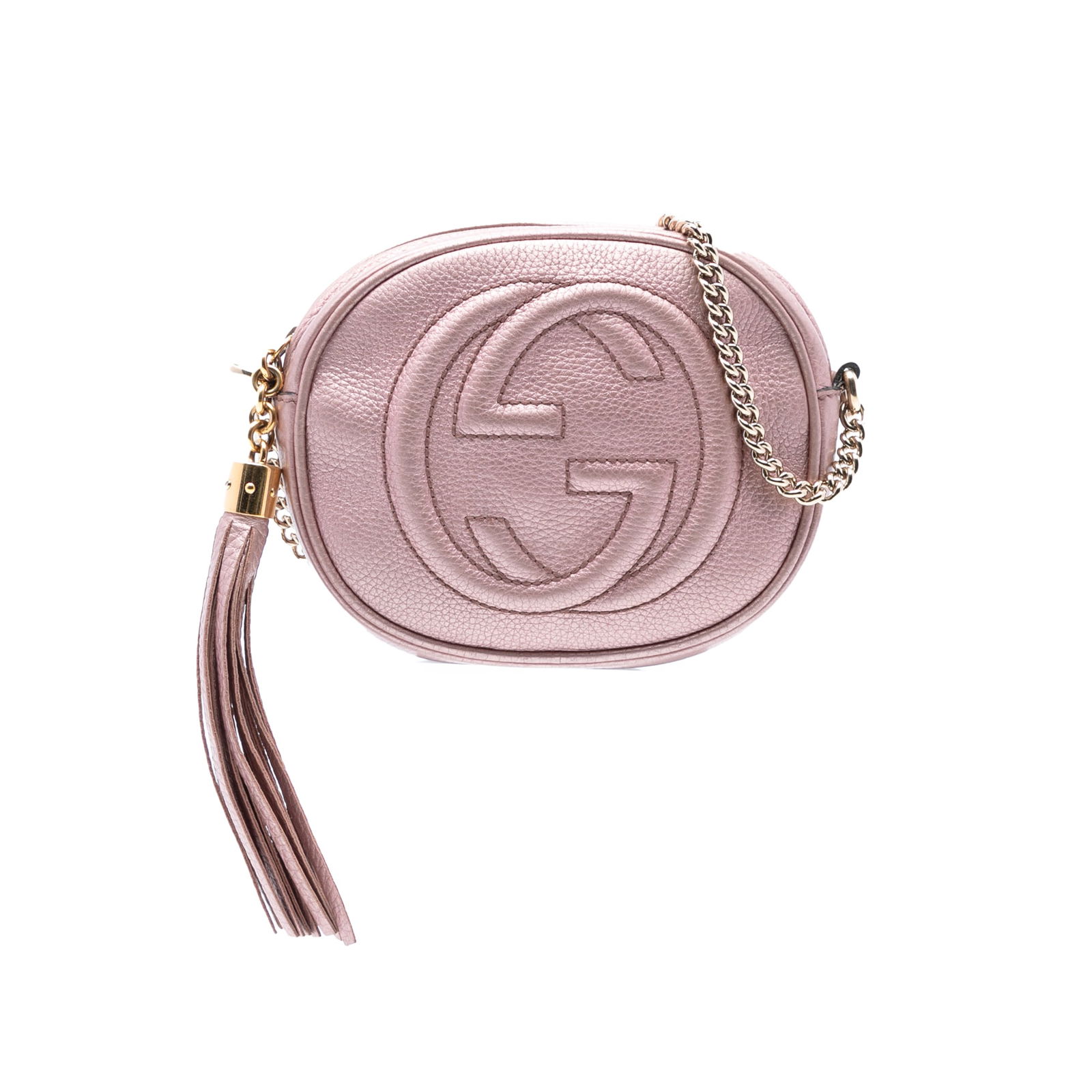 Gucci Mini Soho Chain Crossbody Bag Pink Metallic Leather: Gucci Mini Soho Chain Crossbody Bag Pink Metallic Leather The Gucci Mini Metallic Pebbled Calfskin Soho Chain Crossbody is a stylish accessory crafted from metallic leather. This chic bag showcases a