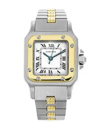 24mm Santos Galbee watch with white Roman dial Ref 82036232: 24mm Santos Galbee watch with white Roman dial Ref 82036232 This Cartier Santos Galbee watch features a 24mm case with a white dial and Roman numeral hour markers. Crafted from a combination of yellow