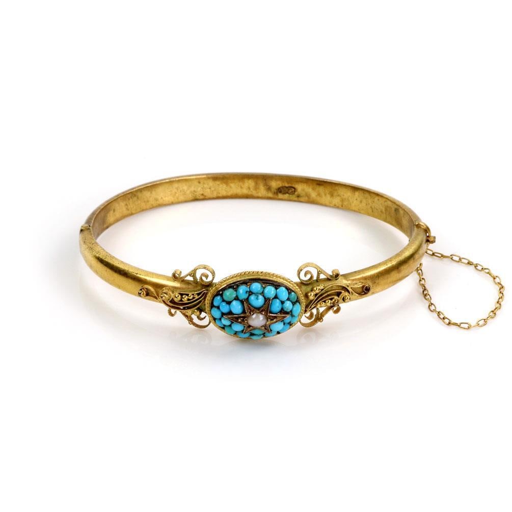 Victorian 15k Yellow Gold Turquoise Bangle Bracelet with Pearl (1 of 4)