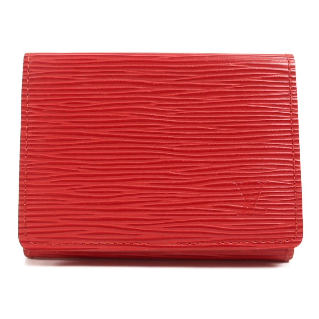 LOUIS VUITTON LV Red Epi Leather Card Case M5658E: LOUIS VUITTON LV Red Epi Leather Card Case M5658E This elegant Louis Vuitton card case is crafted from luxurious embossed leather in a striking red color. Designed for both style and functionality, it