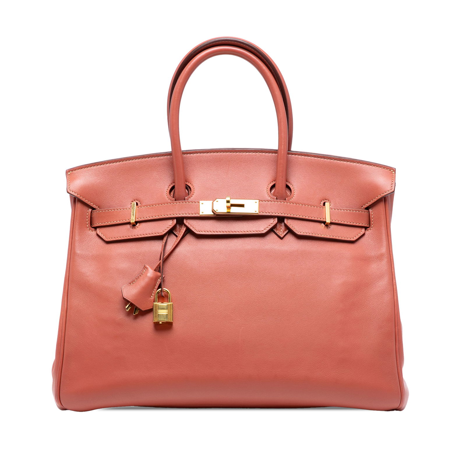 Hermes Swift Birkin Retourne 35 Pink Leather Handbag: Hermes Swift Birkin Retourne 35 Pink Leather Handbag This exquisite Hermes Swift Birkin Retourne 35 showcases a luxurious swift leather body in a delightful Rosy color. The bag features elegant rolled