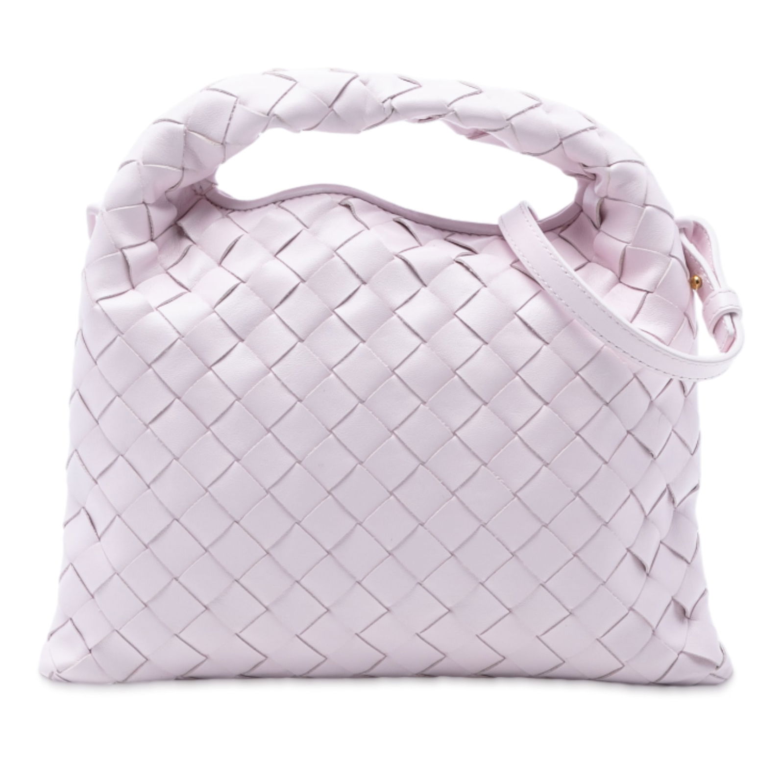 Pink Mini Intrecciato Leather Satchel by Bottega Veneta with Woven Handle: Pink Mini Intrecciato Leather Satchel by Bottega Veneta with Woven Handle This Bottega Veneta Mini Calfskin Intrecciato Hop Satchel features a woven leather body and a woven leather handle. It has an
