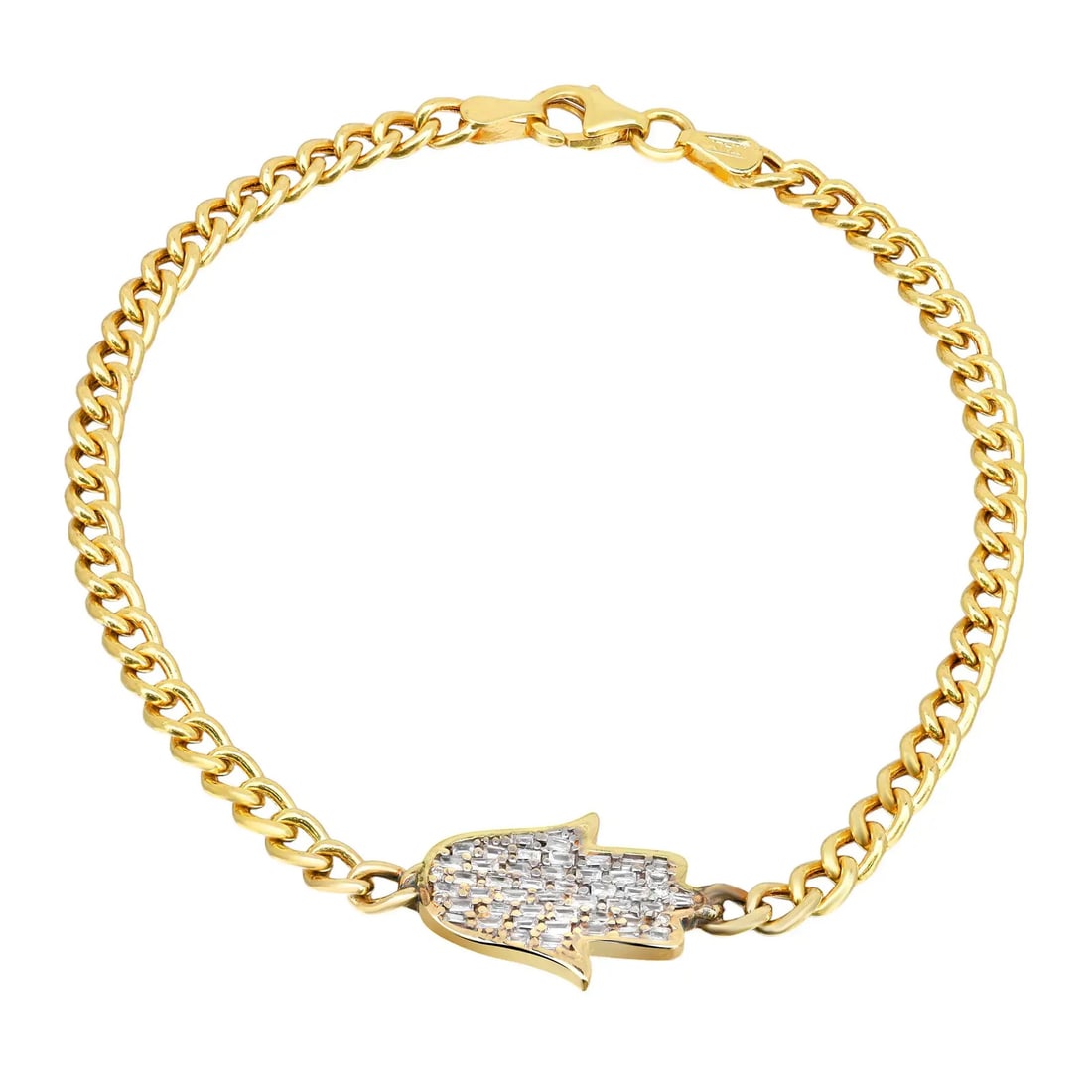 Rachel Koen 14K Yellow Gold Hamsa Bracelet 0.43ct Baguette Diamonds: Rachel Koen 14K Yellow Gold Hamsa Bracelet 0.43ct Baguette Diamonds Elevate your style with this exquisite Hamsa chain bracelet, beautifully crafted in 14K yellow gold. This elegant piece features a H