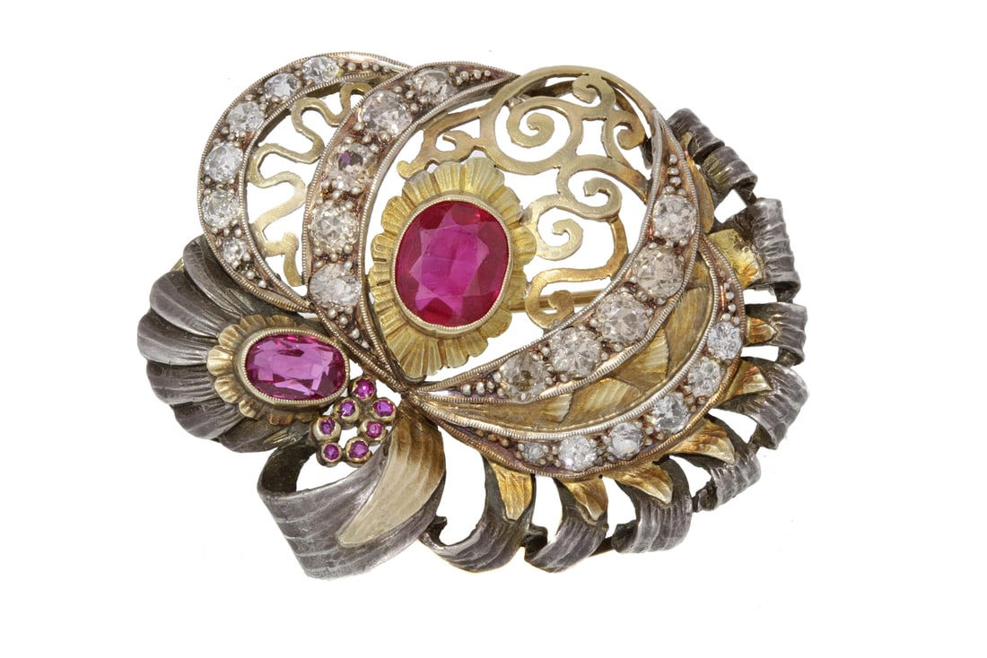 Rachel Koen Sterling Silver 18k Gold Diamond Pink Stone Brooch (1 of 2)