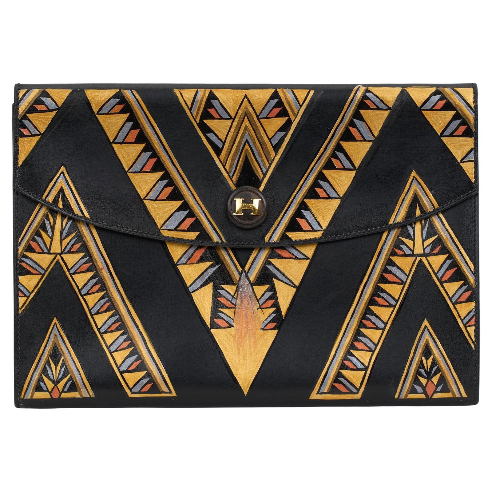 Hermes Black Box Rio Clutch Hand Painted Chrysler Building Design: Hermes Black Box Rio Clutch Hand Painted Chrysler Building Design Introducing the exquisite Hermes Black Box Rio Clutch, a stunning piece crafted from premium black box calfskin. This vintage clutch f