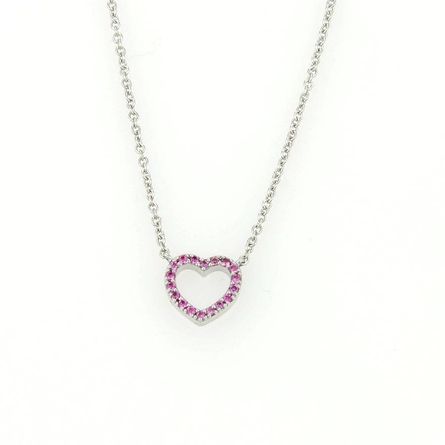 Tiffany & Co. Metro Heart Pendant 18k White Gold Pink Sapphire Necklace: Tiffany & Co. Metro Heart Pendant 18k White Gold Pink Sapphire Necklace This exquisite necklace from Tiffany & Co.'s METRO collection is crafted in 18k white gold, showcasing a mini open heart adorned