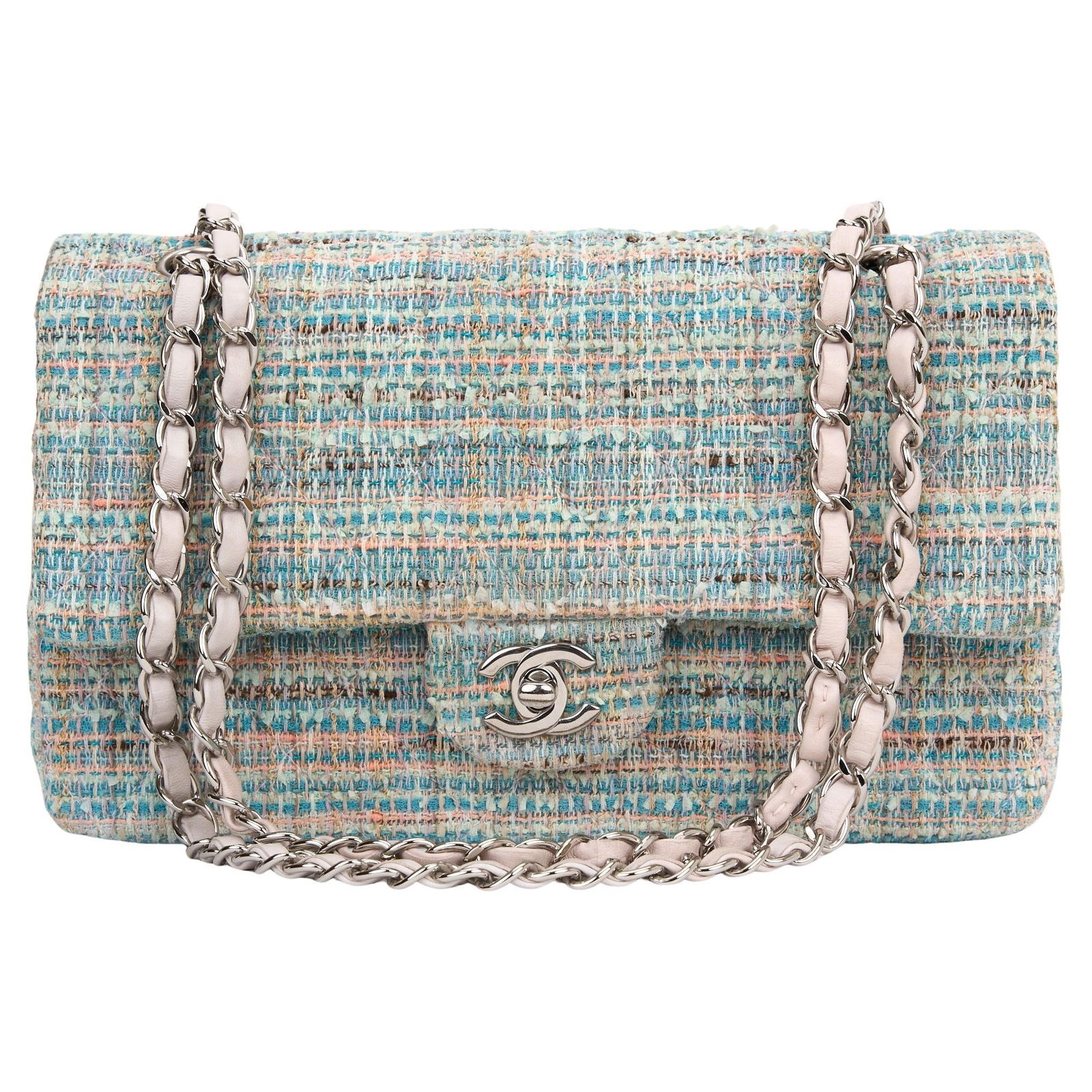 Chanel Classic Double Flap Bag Quilted Tweed Turquoise Pink White: Chanel Classic Double Flap Bag Quilted Tweed Turquoise Pink White Introducing the Chanel Classic Double Flap Bag, a timeless accessory crafted in a stunning quilted tweed featuring a vibrant combinati