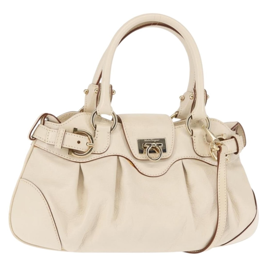 Salvatore Ferragamo Gancini Leather Hand Bag White Gold Auth 147238 (1 of 18)