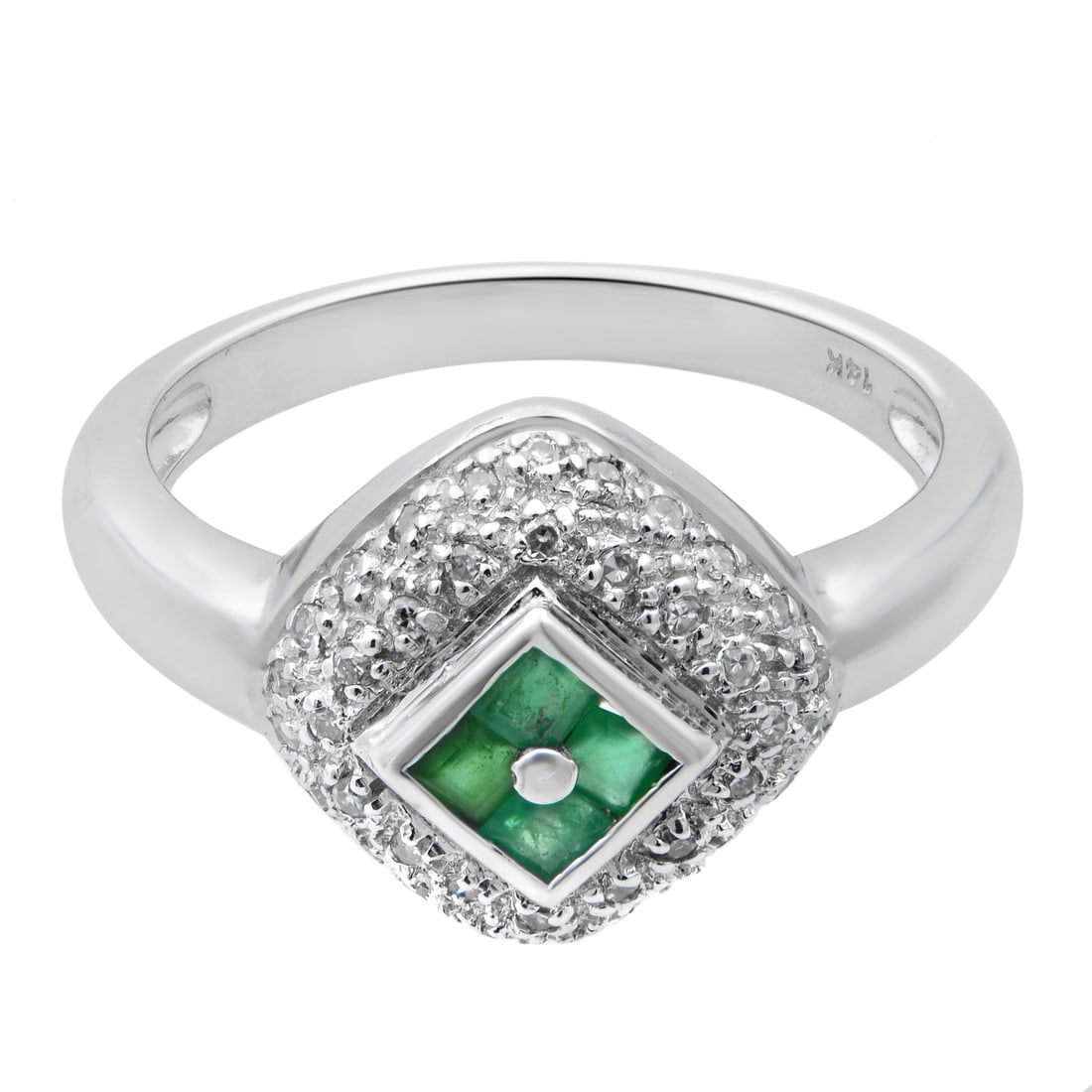 Rachel Koen 14K White Gold Emerald Diamond Cocktail Ring Size 6.5: Rachel Koen 14K White Gold Emerald Diamond Cocktail Ring Size 6.5 This exquisite ladies ring from Rachel Koen showcases a stunning combination of 4 princess cut green emeralds and pave set round cut d