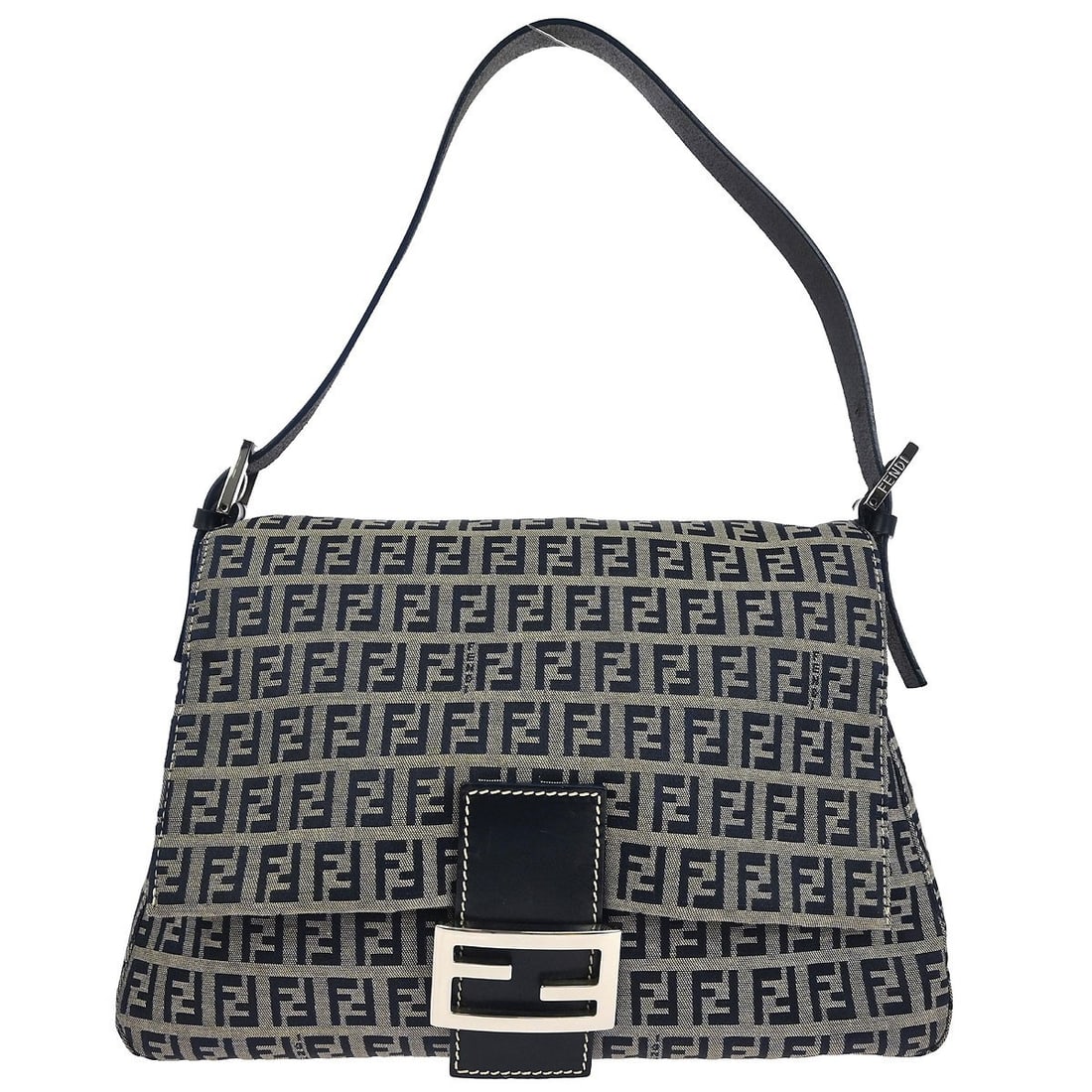 Fendi Mamma Baguette Zucchino Navy Gray Canvas Shoulder Bag: Fendi Mamma Baguette Zucchino Navy Gray Canvas Shoulder Bag This Fendi Mamma Baguette handbag features navy and gray Zucchino canvas with signature logo accents. Designed in a medium size, it includes