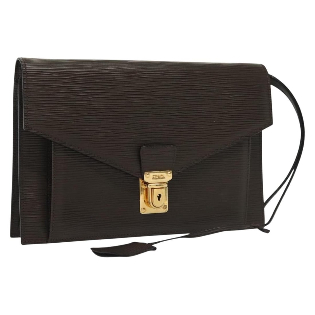FENDI Dark Brown Leather Clutch Bag Gold Accents Made in Italy (1 of 18)