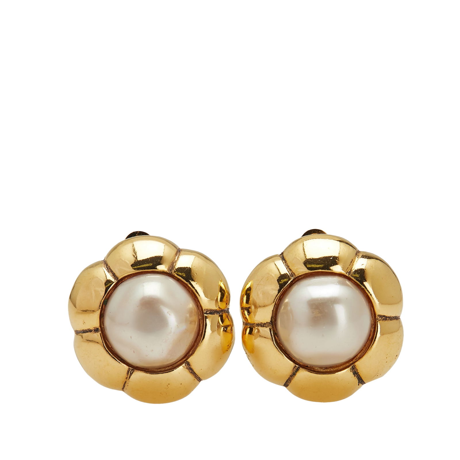 Chanel Gold Plated Faux Pearl Flower Clip On Earrings (1 of 5)