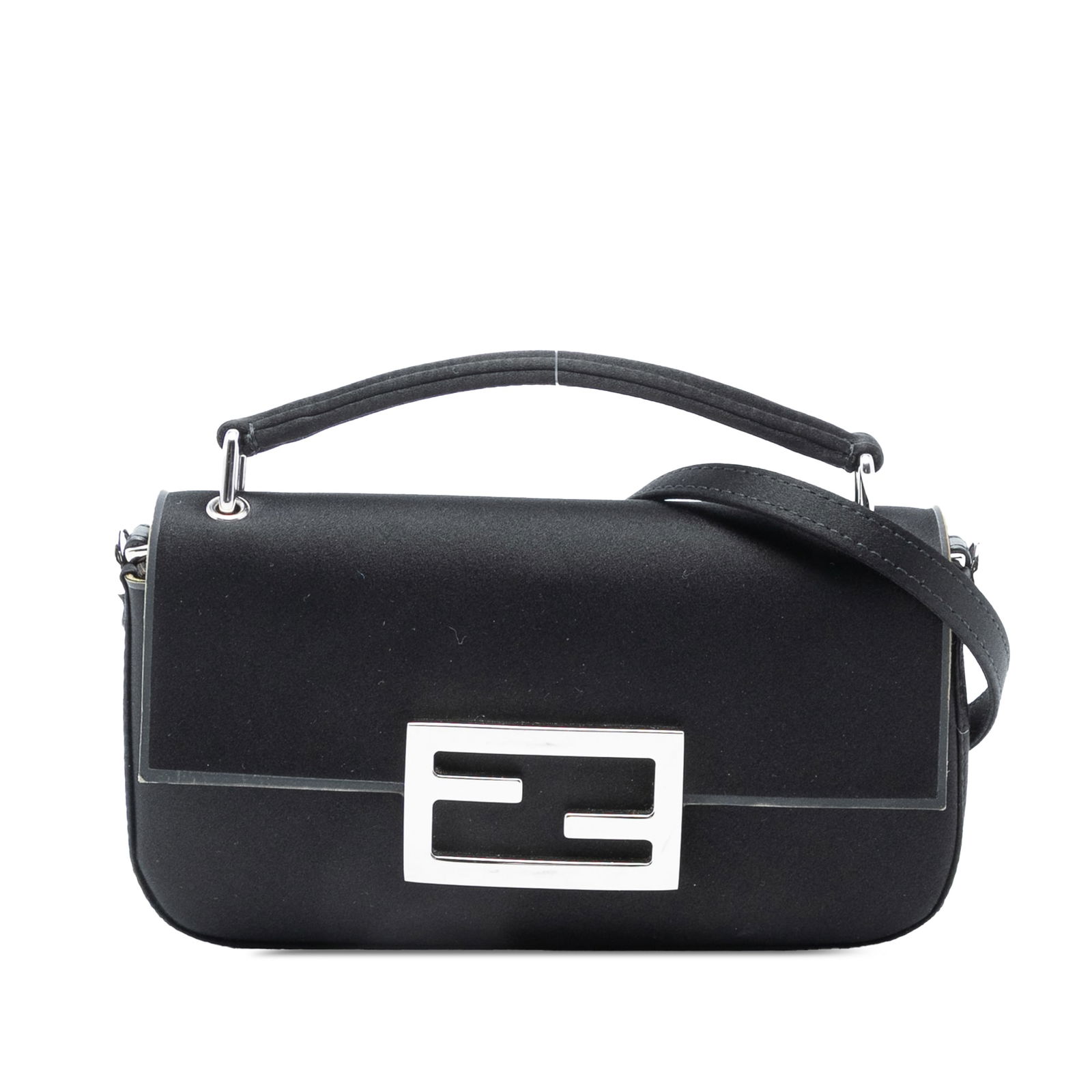 Fendi Satin Baguette Black Phone Pouch with Leather Strap: Fendi Satin Baguette Black Phone Pouch with Leather Strap This Fendi Satin Baguette Phone Pouch Satchel features a satin body complemented by a leather top handle and a detachable leather strap. The d