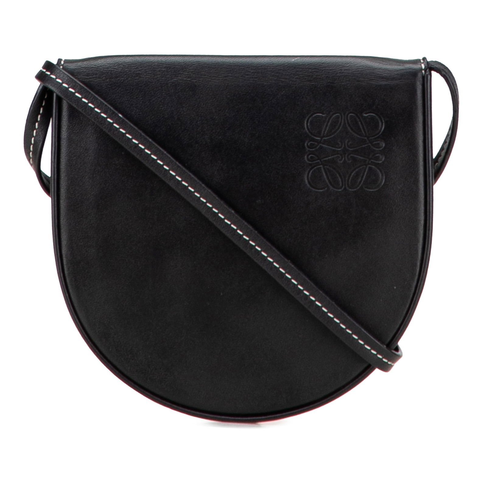 LOEWE Small Black Leather Heel Pouch with Shoulder Strap: LOEWE Small Black Leather Heel Pouch with Shoulder Strap The LOEWE Small Leather Heel Pouch is a chic accessory crafted from high-quality calf leather. This stylish pouch features a flat leather shoul