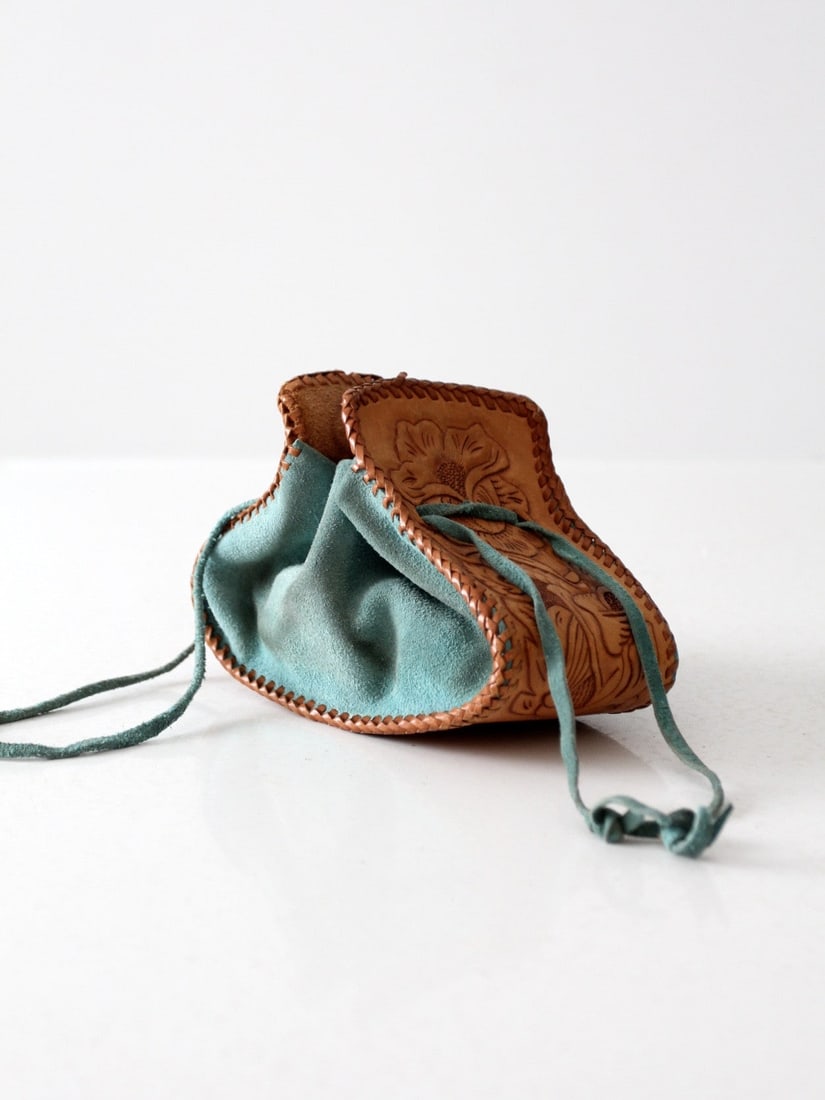 Vintage Turquoise Suede and Tooled Leather Pouch (1 of 6)