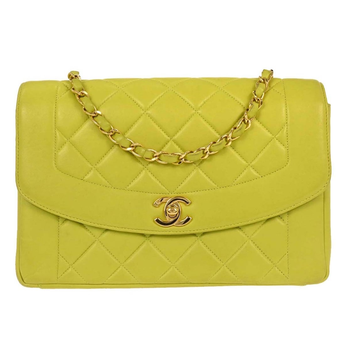 Chanel Medium Diana Shoulder Bag Light Green Lambskin Leather: Chanel Medium Diana Shoulder Bag Light Green Lambskin Leather Elevate your style with the Chanel Light Green Lambskin Medium Diana Shoulder Bag. This exquisite bag features a quilted lambskin leather