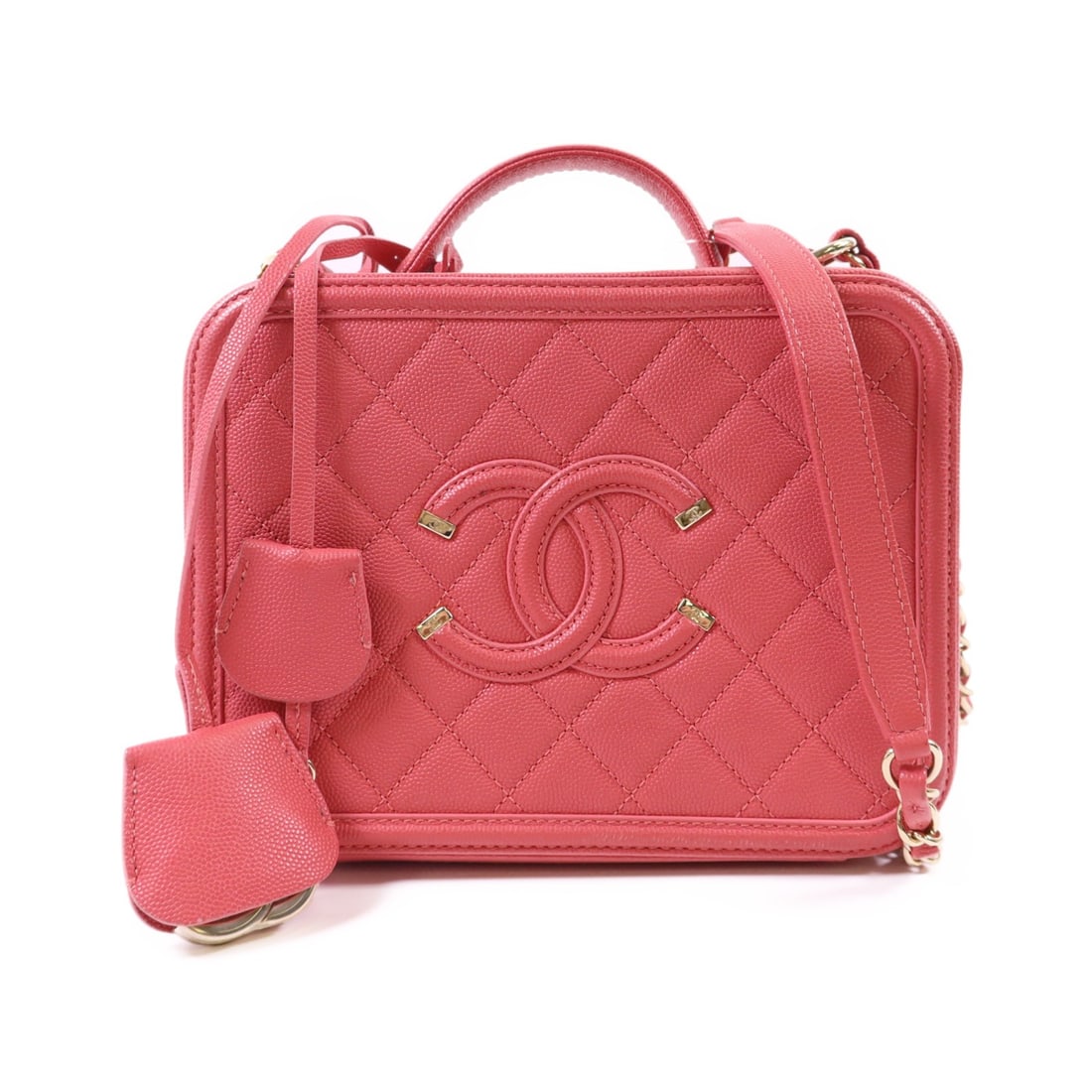 CHANEL Pink Calfskin Leather 2 Way Shoulder Bag with GHW: CHANEL Pink Calfskin Leather 2 Way Shoulder Bag with GHW This elegant CHANEL Vanity Case is a versatile 2-way shoulder bag crafted from luxurious calfskin leather in a stunning pink hue. Its compact d