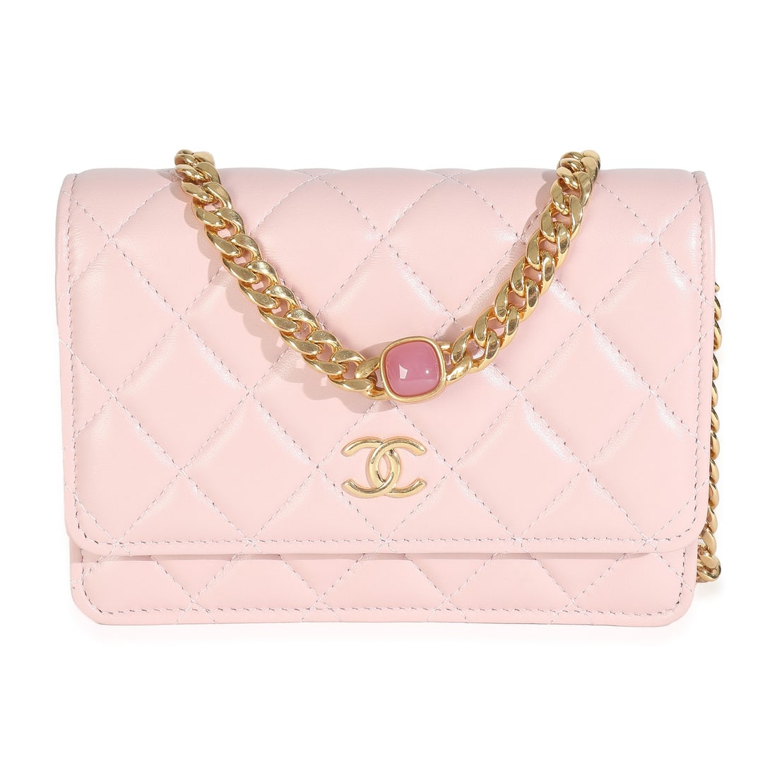 Chanel Pink Lambskin CC Clutch On Chain with Dustbag and Receipt: Chanel Pink Lambskin CC Clutch On Chain with Dustbag and Receipt This exquisite Chanel Pink Quilted Lambskin CC Pearl Enamel Clutch On Chain is a stylish mini shoulder bag crafted in Italy. Made from