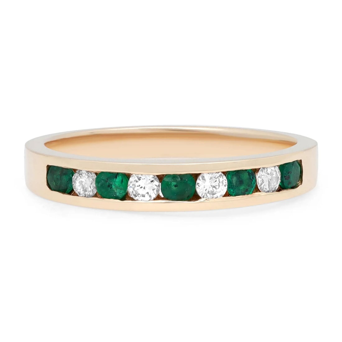 Rachel Koen 14K Yellow Gold Emerald Diamond Channel Set Band Ring: Rachel Koen 14K Yellow Gold Emerald Diamond Channel Set Band Ring This stunning ladies' band ring features a captivating combination of natural green emeralds and sparkling diamonds. Crafted from 14K