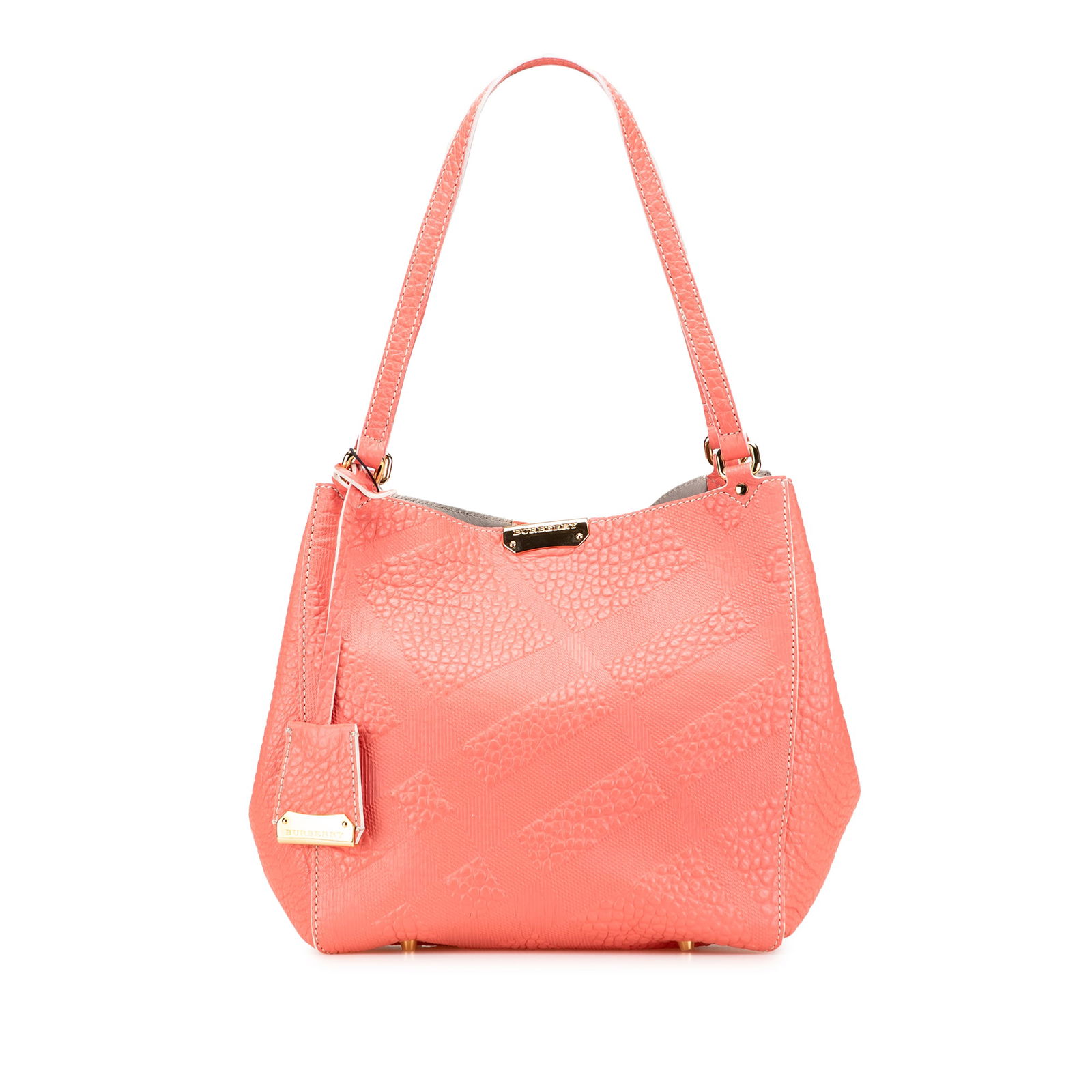 Burberry Small Pink Embossed Grain Check Canterbury Tote: Burberry Small Pink Embossed Grain Check Canterbury Tote The Burberry Small Embossed Grain Check Canterbury Tote is a stylish and practical accessory that showcases an embossed leather body in a charm