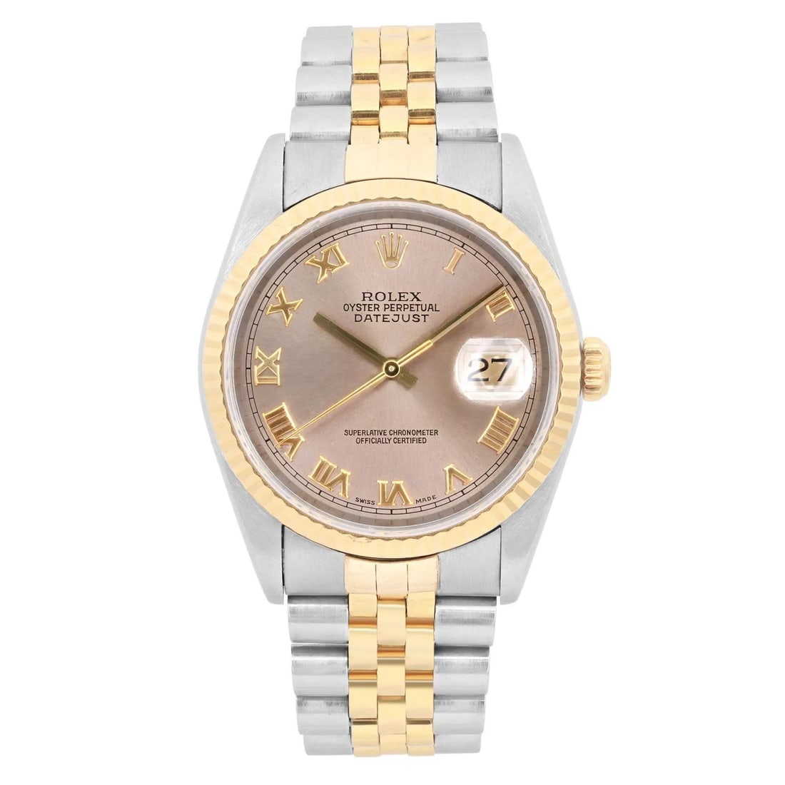 Rolex Datejust 36mm Automatic Gray Roman Dial 18K Gold Steel Watch with Box and Papers: Rolex Datejust 36mm Automatic Gray Roman Dial 18K Gold Steel Watch with Box and Papers This exquisite Rolex Datejust wristwatch combines luxury and functionality. Crafted from 18K yellow gold and stai