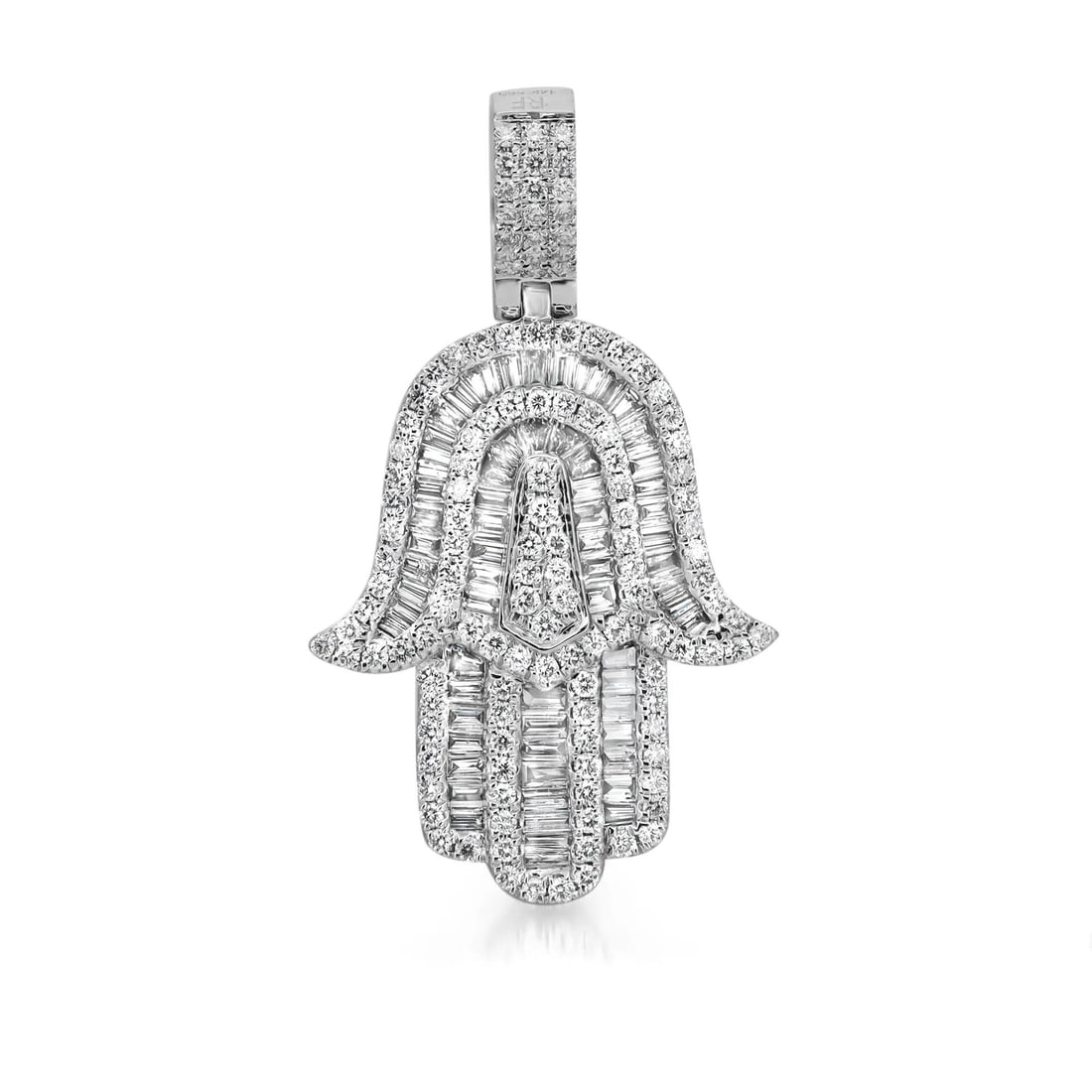 Rachel Koen 14K White Gold Hamsa Pendant with Diamonds 0.86 Cttw: Rachel Koen 14K White Gold Hamsa Pendant with Diamonds 0.86 Cttw This exquisite Hamsa pendant is a stunning piece of jewelry crafted from lustrous 14K white gold. It features channel-set baguette-cut