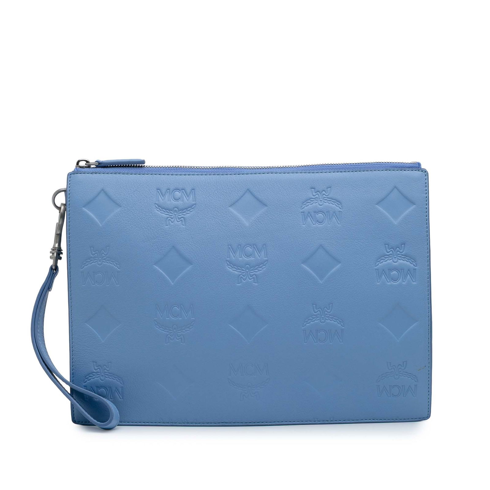 MCM Leather Aren Zip Pouch Blue with Dust Bag: MCM Leather Aren Zip Pouch Blue with Dust Bag This stylish MCM Leather Aren Zip Pouch is crafted from high-quality leather, showcasing a chic blue hue. It features a detachable flat wrist strap for ve