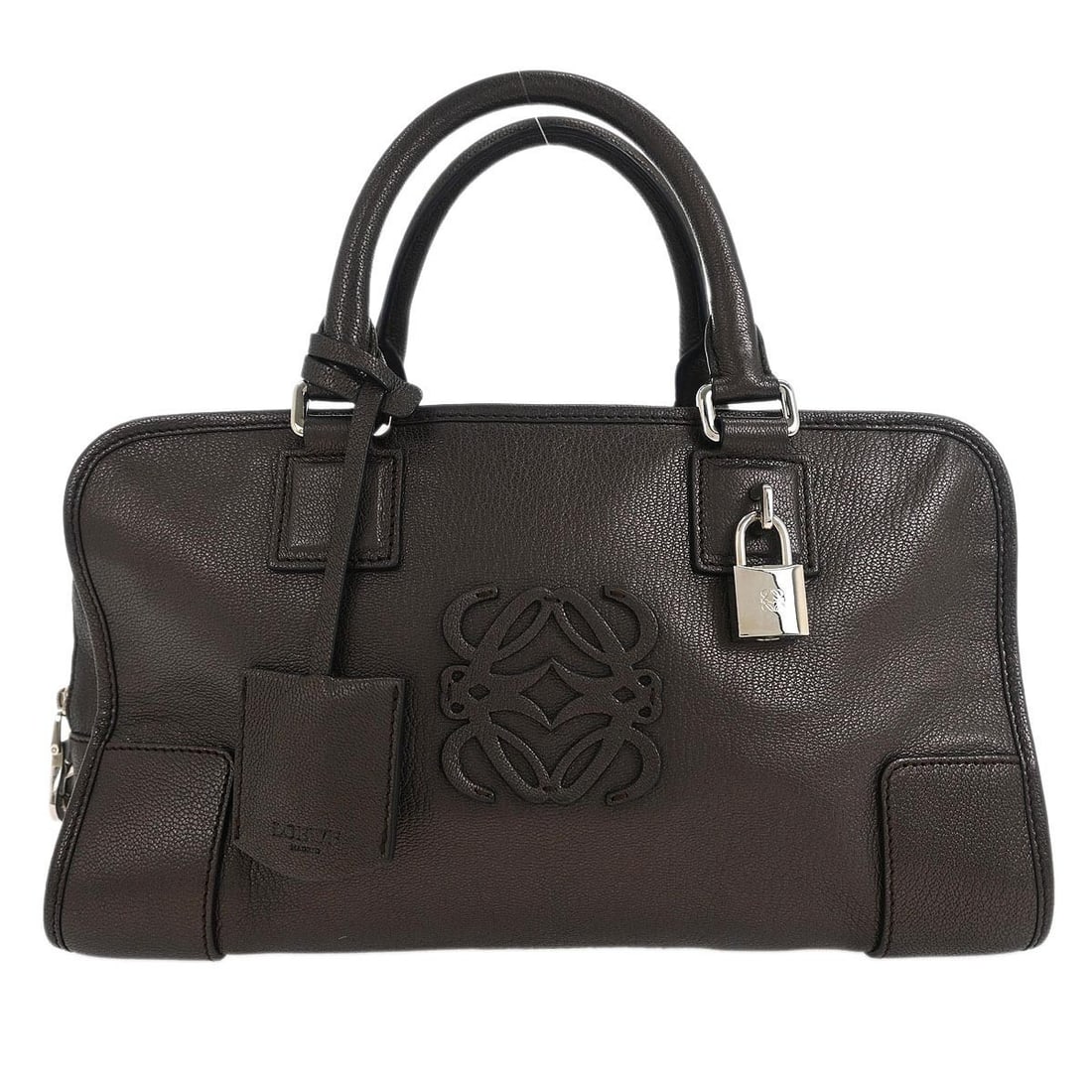 Loewe Amazona 28 Brown Leather Handbag with Double Handles: Loewe Amazona 28 Brown Leather Handbag with Double Handles Introducing the Loewe Metallic Brown Leather Amazona 28 Handbag, a stylish and versatile accessory for any wardrobe. This medium-sized top ha