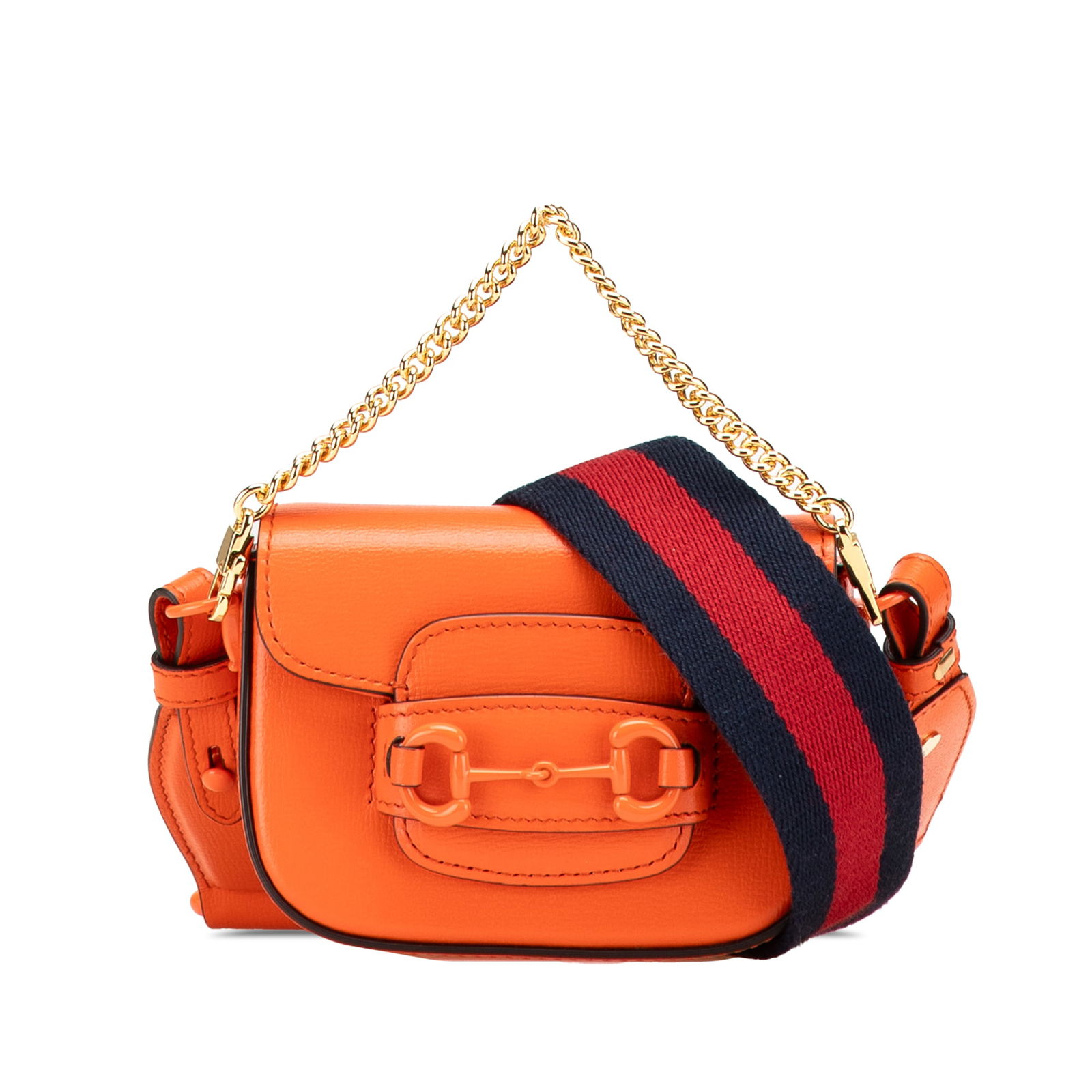 Gucci Mini Horsebit 1955 Satchel Leather Orange with Chain Handle: Gucci Mini Horsebit 1955 Satchel Leather Orange with Chain Handle Introducing the Gucci Mini Leather Horsebit 1955 Web Satchel, a stylish and functional accessory crafted from premium leather. This sa