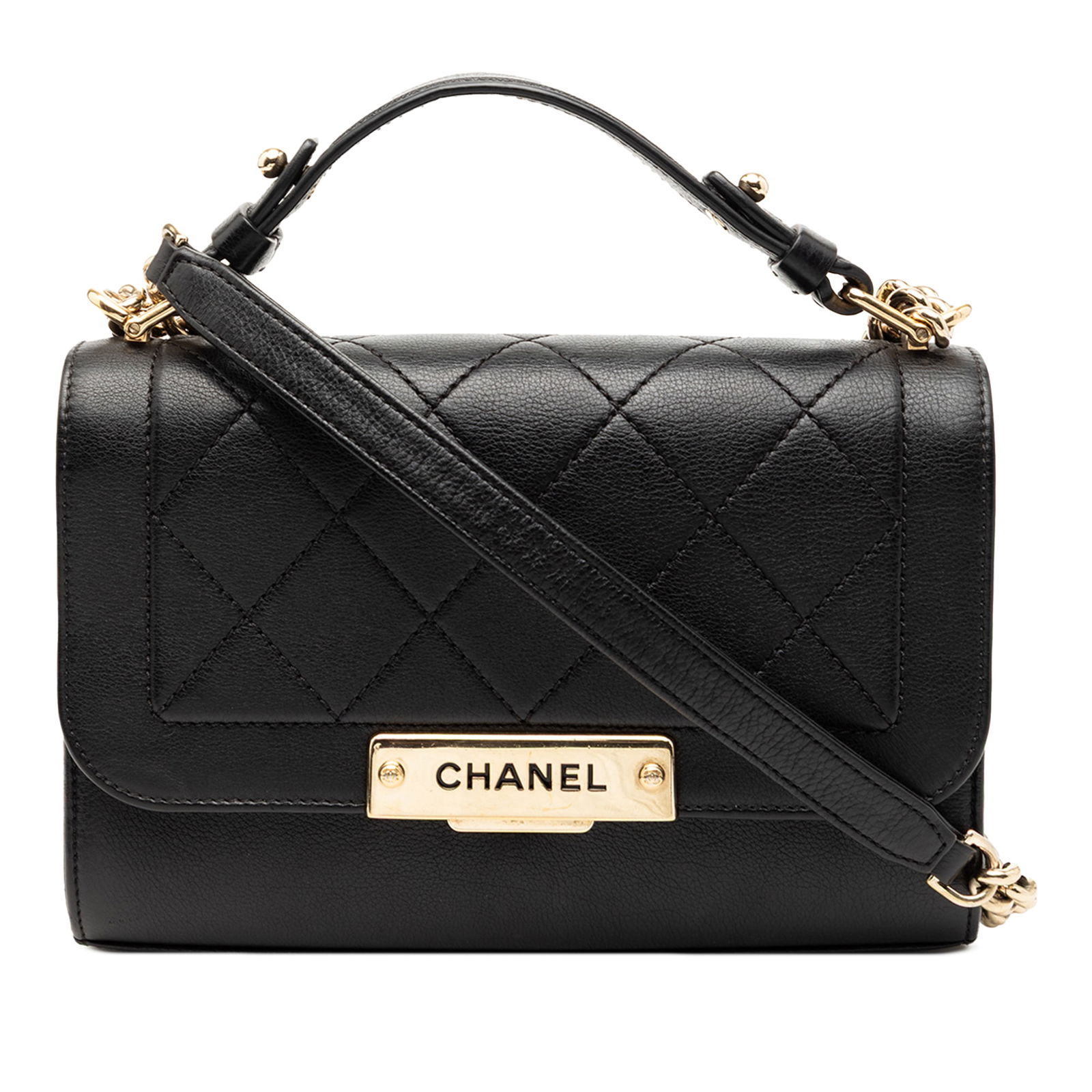 Black Chanel Label Click Flap Small Quilted Grained Calfskin Shoulder Bag (1 of 8)