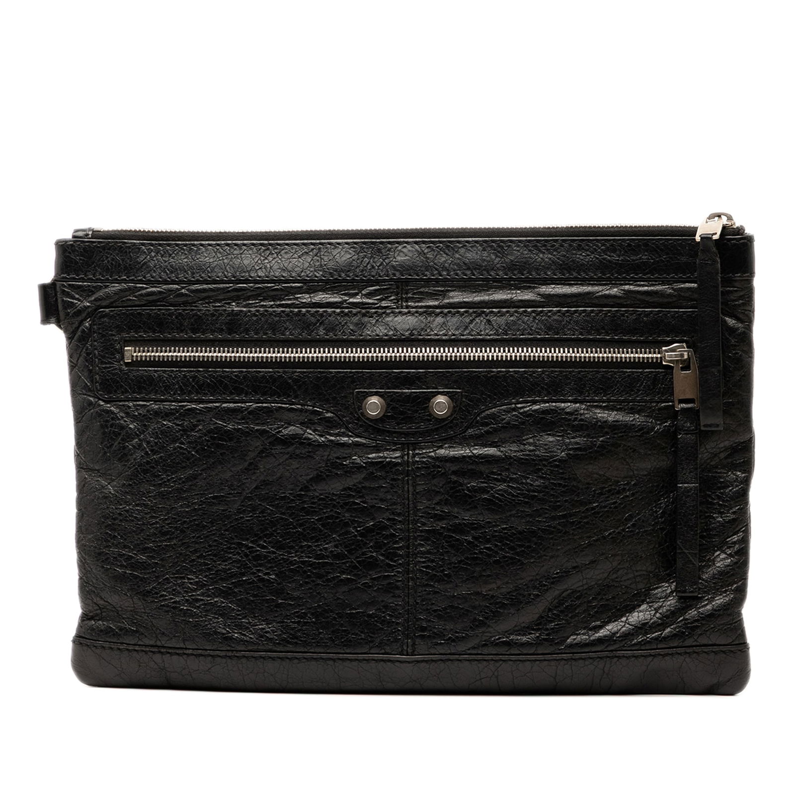 Balenciaga Lambskin Motocross Classic Clip M Clutch Black Leather: Balenciaga Lambskin Motocross Classic Clip M Clutch Black Leather Introducing the Balenciaga Lambskin Motocross Classic Clip M Clutch, a stylish and functional accessory crafted from high-quality leat