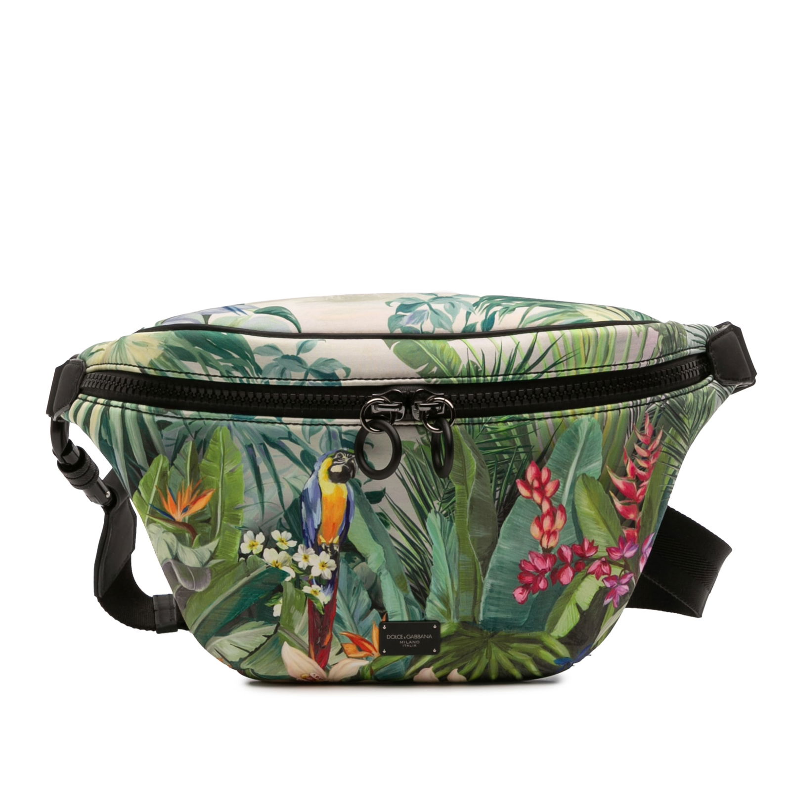 Palermo tropical print neoprene belt bag by Dolce & Gabbana: Palermo tropical print neoprene belt bag by Dolce & Gabbana This Dolce & Gabbana Palermo belt bag is crafted from printed neoprene fabric, featuring a tropical motif. It has an adjustable waist strap