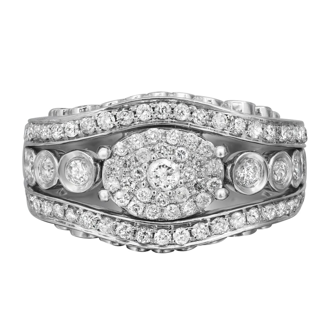 Rachel Koen 14K White Gold 1.56Ct Round Diamond Cocktail Ring Size 7.5: Rachel Koen 14K White Gold 1.56Ct Round Diamond Cocktail Ring Size 7.5 This stunning cocktail ring by Rachel Koen is expertly crafted from 14K white gold, featuring a modern thick band design. The rin