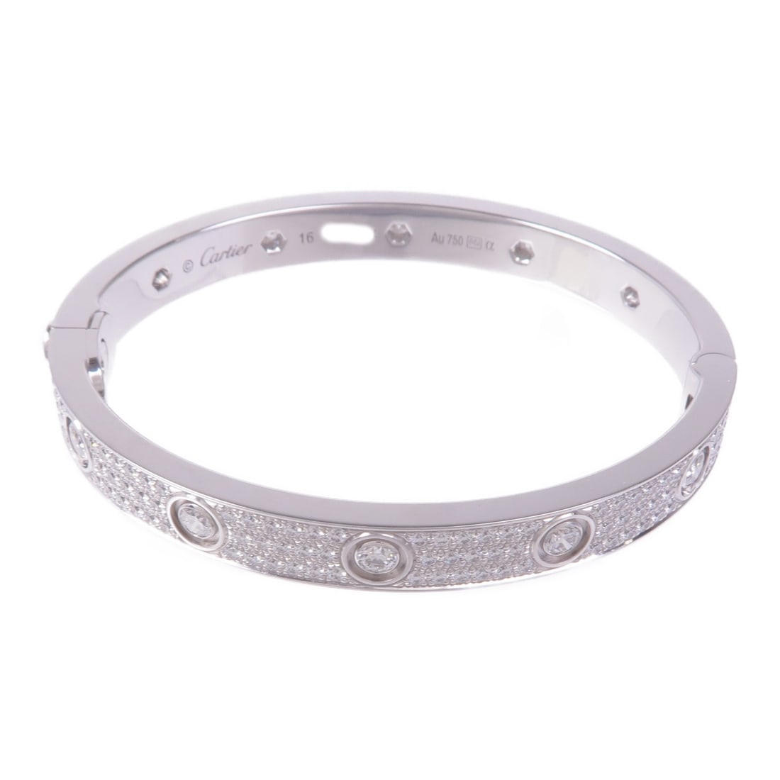 CARTIER Love Bangle 18K White Gold with Diamonds: CARTIER Love Bangle 18K White Gold with Diamonds This exquisite Cartier Love Bangle is crafted from 18K white gold, showcasing a stunning array of diamonds that enhance its elegance. The bracelet feat