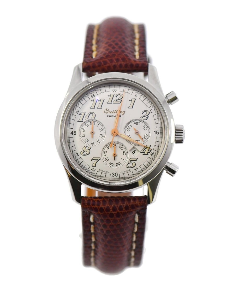 Breitling Navitimer Premier Chronograph Stainless Steel Watch A42035 with Box: Breitling Navitimer Premier Chronograph Stainless Steel Watch A42035 with Box This exquisite Breitling Navitimer Premier Chronograph watch combines luxury and functionality. Crafted from robust stainl