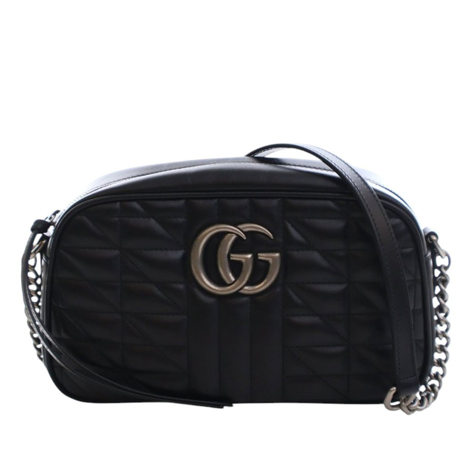 Gucci GG Marmont Small Black Quilted Leather Aria Crossbody Bag: Gucci GG Marmont Small Black Quilted Leather Aria Crossbody Bag This Gucci Small GG Marmont Matelasse Leather Aria Crossbody bag features a quilted black leather exterior, a chain link strap with leat